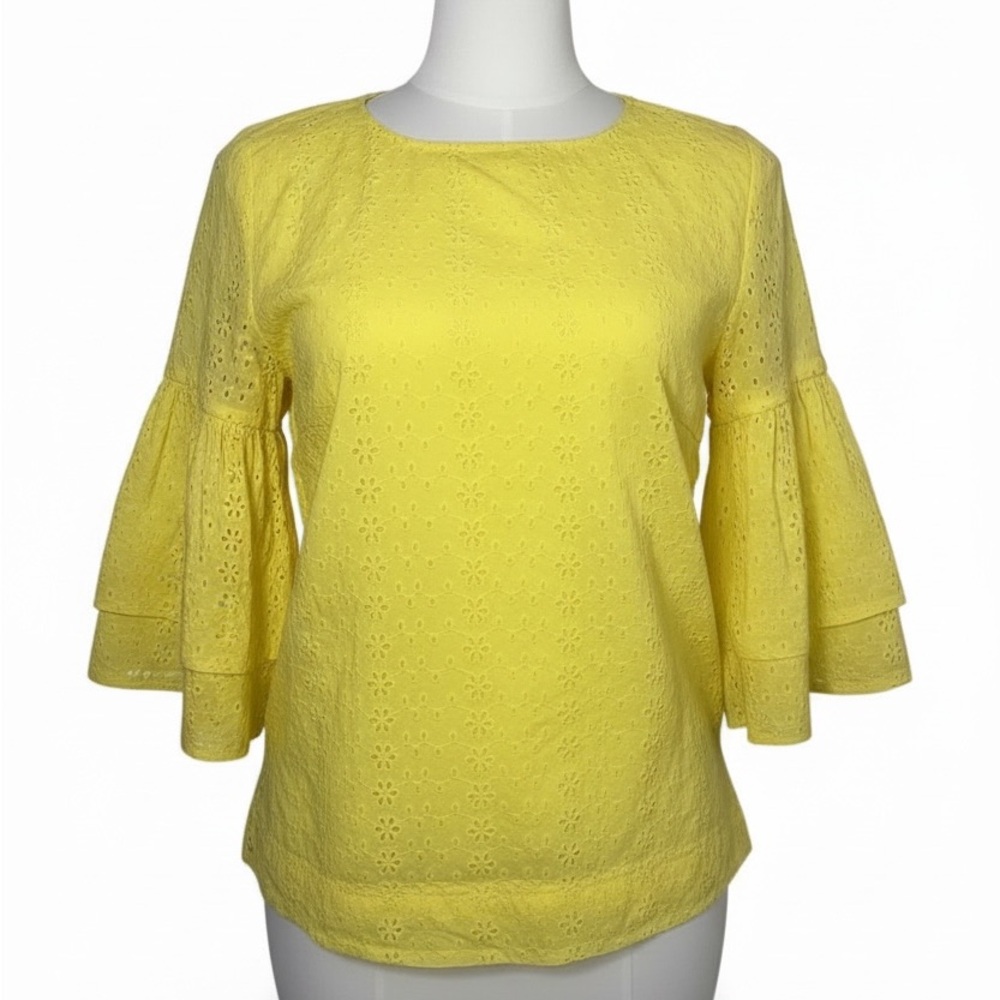 Yellow Eyelet Bell Sleeve Blouse – Feminine Boho Chic Top for Women (Small)